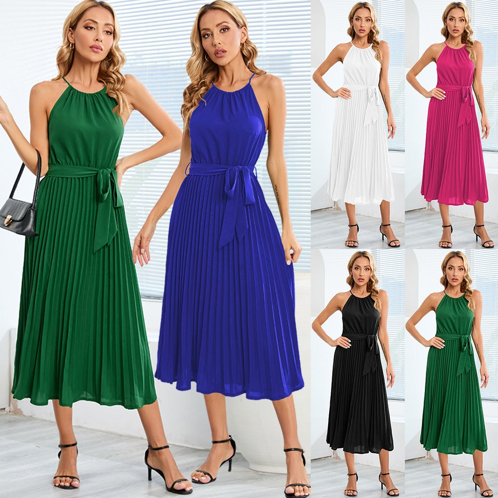 Women's Summer New Sexy Spaghetti Straps Sleeveless Pleated Skirt Dress