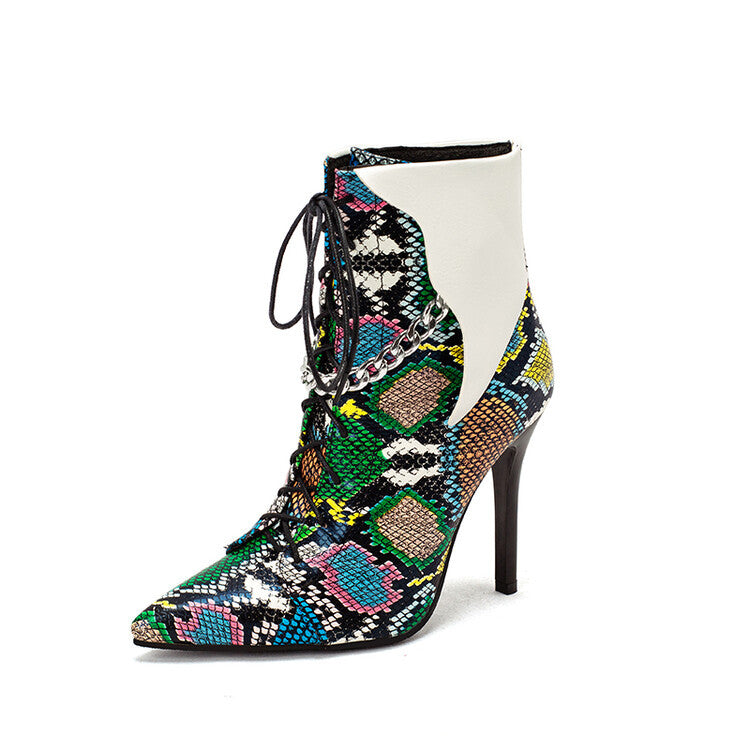 Sexy Autumn/Winter Snake Print Colorblock Lace-Up Stiletto Pointed Toe Ladies Short Boots