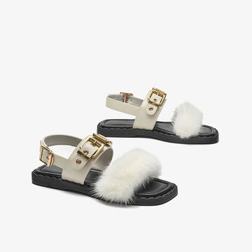 Sandals Women Cow Leather Square Toe Mink design Buckle Strap Elegant Female Flat Shoes Handmade