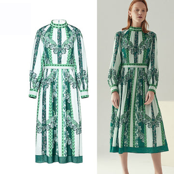 Vintage Printing Office Lady Midi Long Dress Desigern Spring Summer Chic Casual Street Elegant Vestidos Elbise Trendy