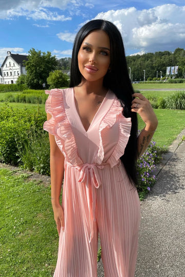 Pink Frill Detail Plisse Pleat Wide Leg Jumpsuit