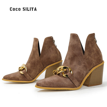 New Trend Female Short Boots Naked Martin Boots Fashion Thick With Pointed Toe Hundred With Chain High Heels
