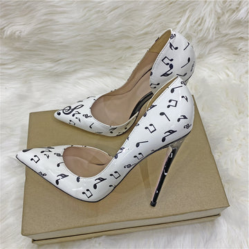 Veowalk Melody Print Women Pointy Toe D‘Orsay Stiletto Pumps Fashion Designer Ladies High Heel Dress Shoes White Plus Size 33-45
