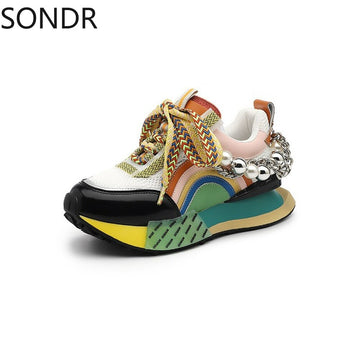 Womens Genuine Leather Sneakers Lace Up Rainbow Colors Platform Pearls Chain Decor Girls Shoes Korean Styles New