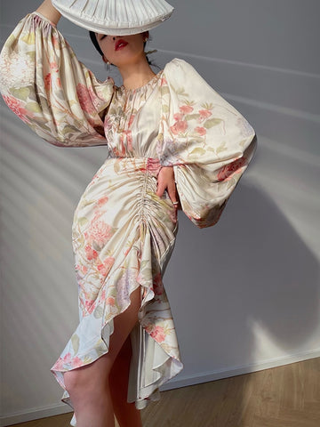 Vintage Print Colorblock Dress For Women Round Neck Lantern Sleeve High Waist Ruched Midi Dresses Female Spring Clothing