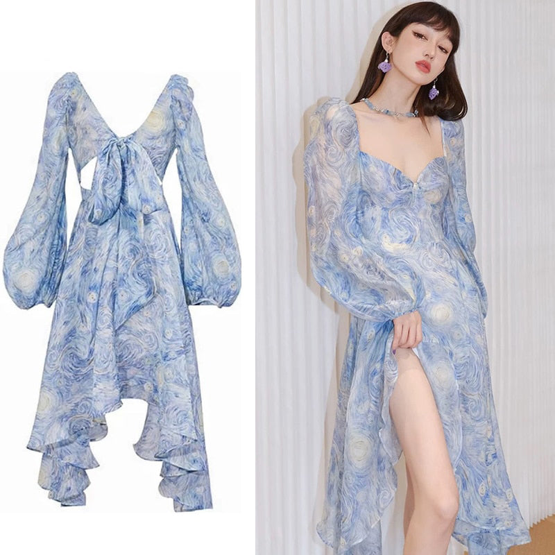 Light Blue Van Gogh's Starry Sky Pattern Sweetheart Collar Lanter Sleeve Asymmetrical Chiffon Dresses