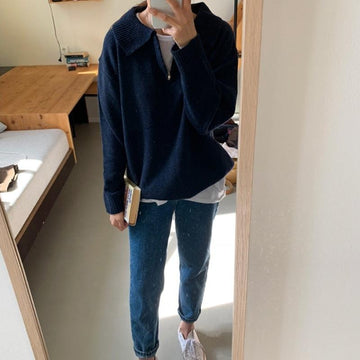 Lapel zipper sweater