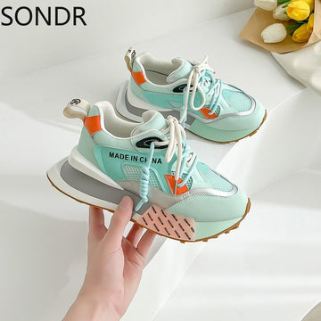 Womens Genuine Leather Sneakers Lace Up Rainbow Colors Platform Pearls Chain Decor Girls Shoes Korean Styles New
