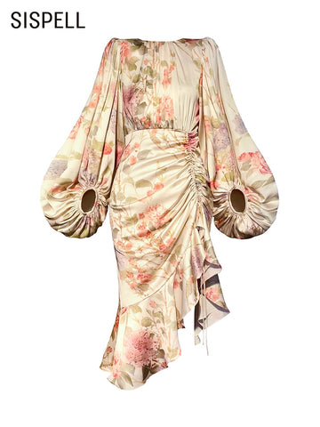 Vintage Print Colorblock Dress For Women Round Neck Lantern Sleeve High Waist Ruched Midi Dresses Female Spring Clothing