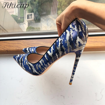 Tikicup Blue Women Patent Printed Pointy Toe High Heels 8cm 10cm 12cm Customize Ladies Chic Stiletto Pumps Slip On Dress Shoes