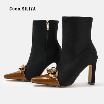 Autumn and Winter New Short Boots Women's Pointed Toe High Heel Thick Heel Medium Volume Martin Boots Large Size Boots