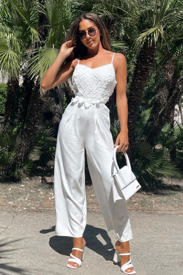 White Lace Bodice Wide Leg Strappy Jumpsuit
