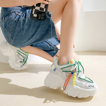 Thick-Soled Shoes Women's Summer Leather Ins Trend Sports Casual Shoes Color Matching Inner Heightening Mesh Shoes