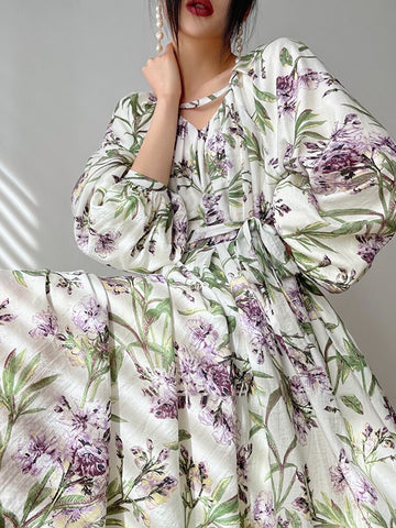 New Patchwork Belted Print Dresses For Women V Neck Long Sleeve Loose Waist Colorblock Loose Long Dress Female Clothing