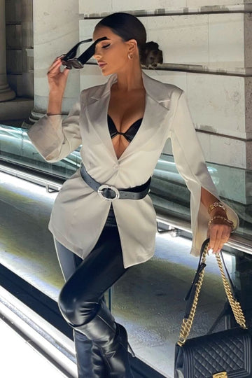 Beige Cape Sleeve Belted Mini Blazer Dress