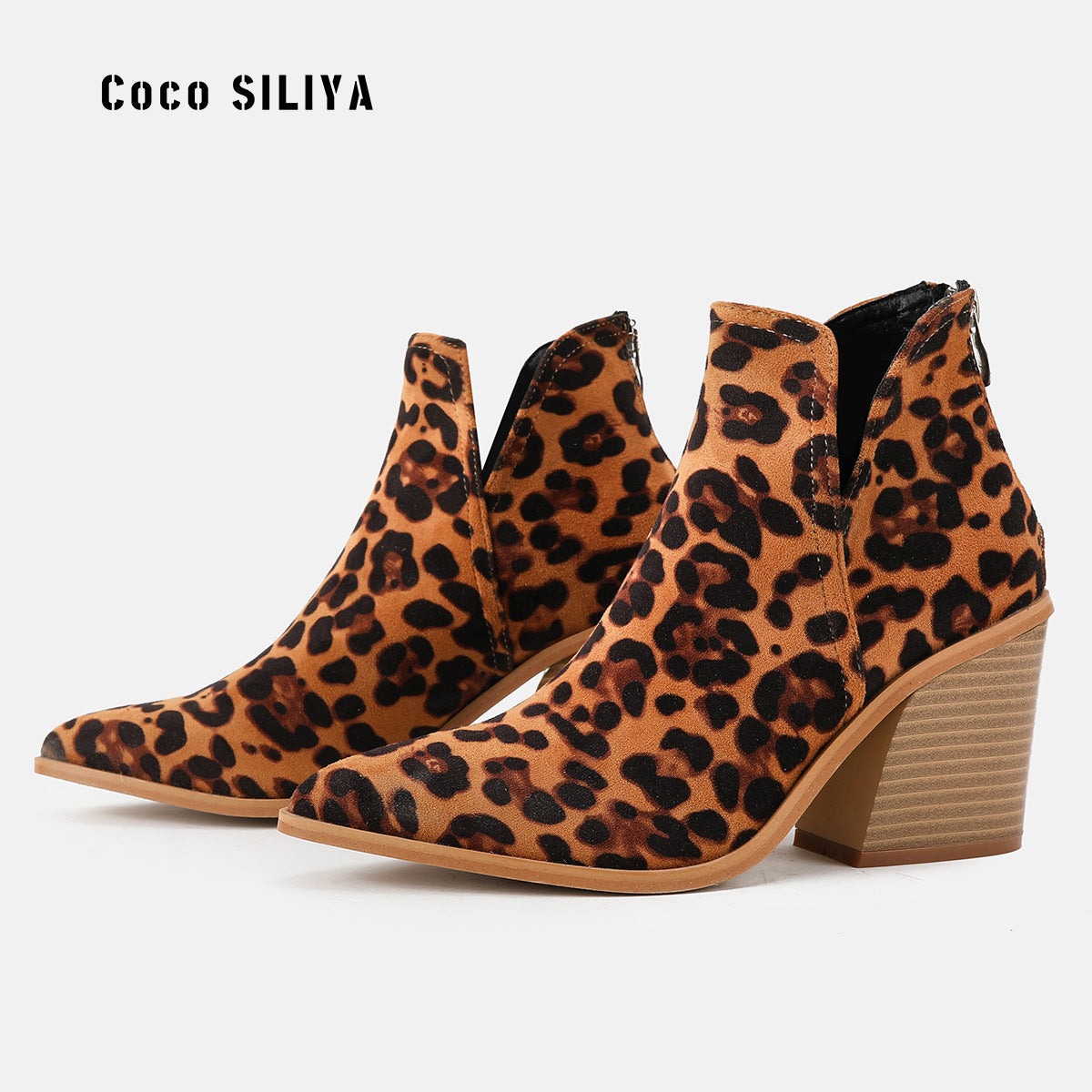 Leopard Short Boots Female Spring And Autumn New High-Heeled Martin Boots Thick With Pointed And Bare Boots