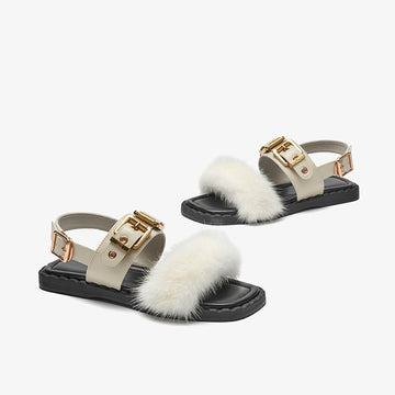 Sandals Women Cow Leather Square Toe Mink design Buckle Strap Elegant Female Flat Shoes Handmade