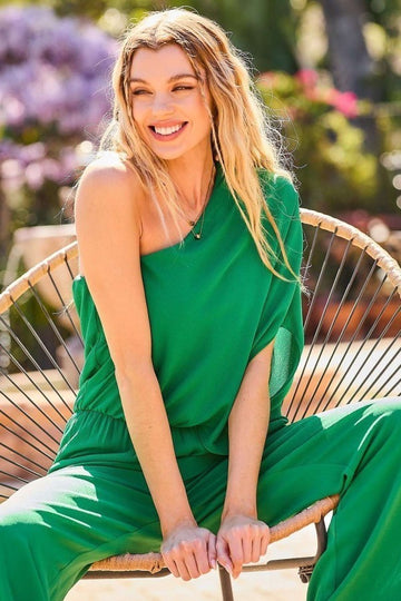 One Shoulder 3/4 Unbalanced Elastic Solid Jumpsuit