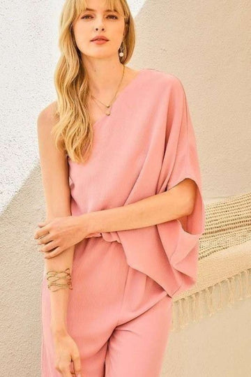 One Shoulder 3/4 Unbalanced Elastic Solid Jumpsuit