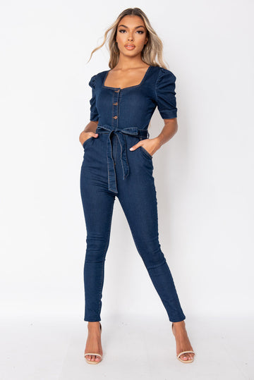 Indigo Puff Sleeve Belted Denim Jumpsuit