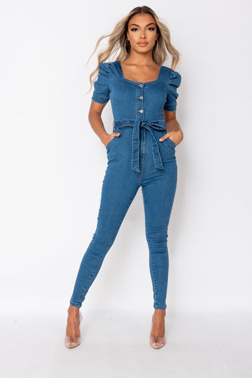 Mid Blue Puff Sleeve Belted Denim Jumpsuit