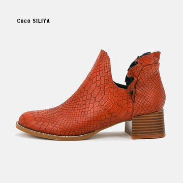 Snakeskin Boots Autumn and Winter New Large Women's Boots Round Toe Heavy Heel Martin Boots