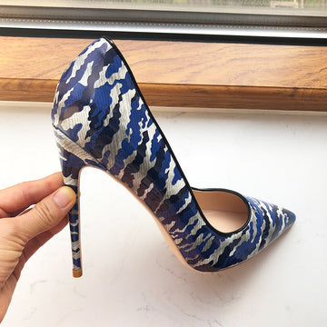 Tikicup Blue Women Patent Printed Pointy Toe High Heels 8cm 10cm 12cm Customize Ladies Chic Stiletto Pumps Slip On Dress Shoes